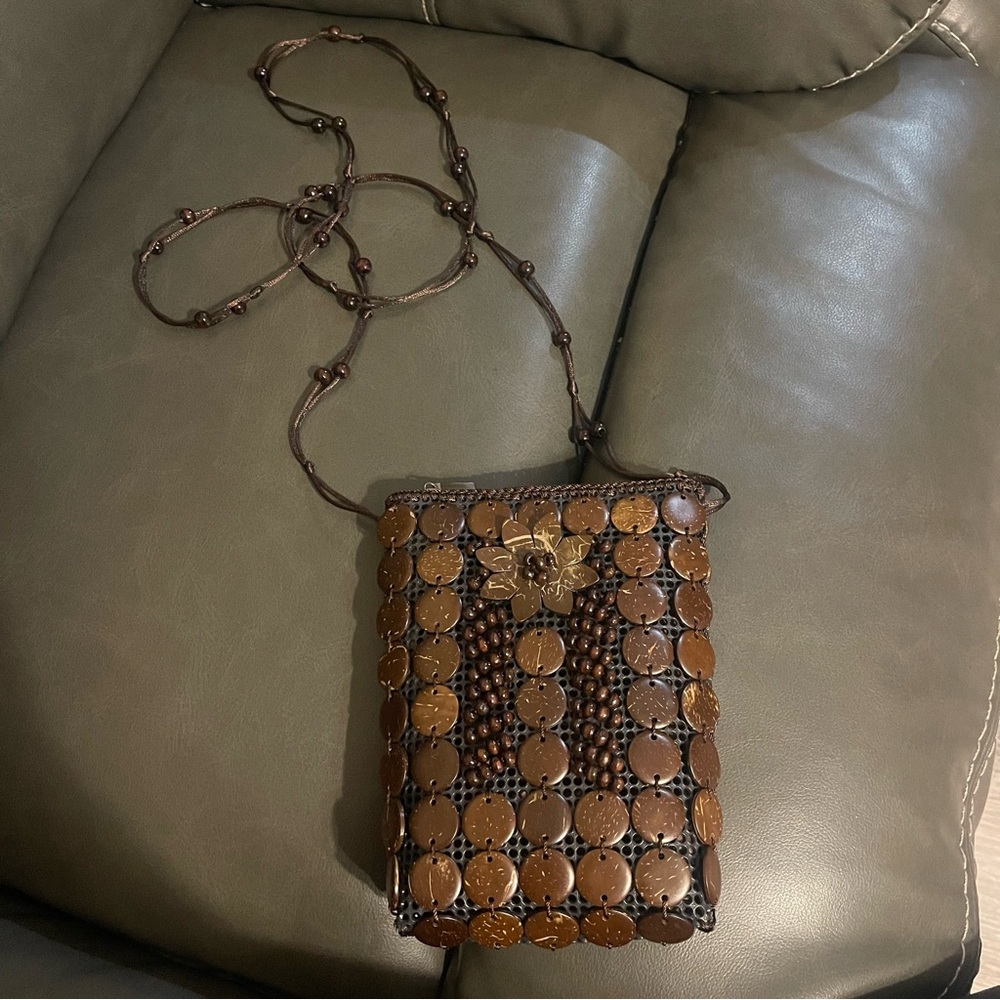 Coconut Shell Purse CrossBody Bag Flower Floral Beads Brown Zipper